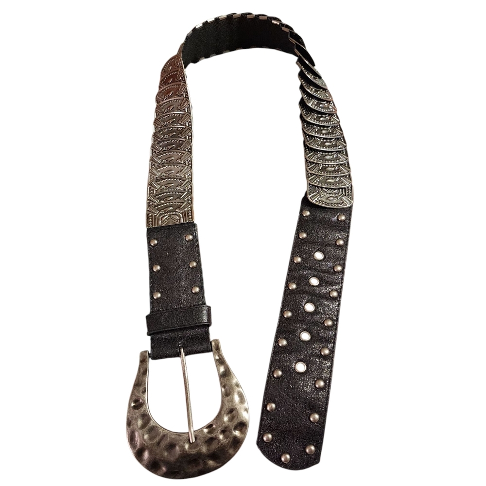 Vintage 90s Y2K Metal Disc Hammered  Stretch Belt w/Large Chunky Buckle |Size XL